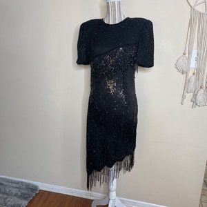 Vintage SCALA 80s Silk Gatsby Cocktail Asymmetric Sequins Beaded Dress Black M